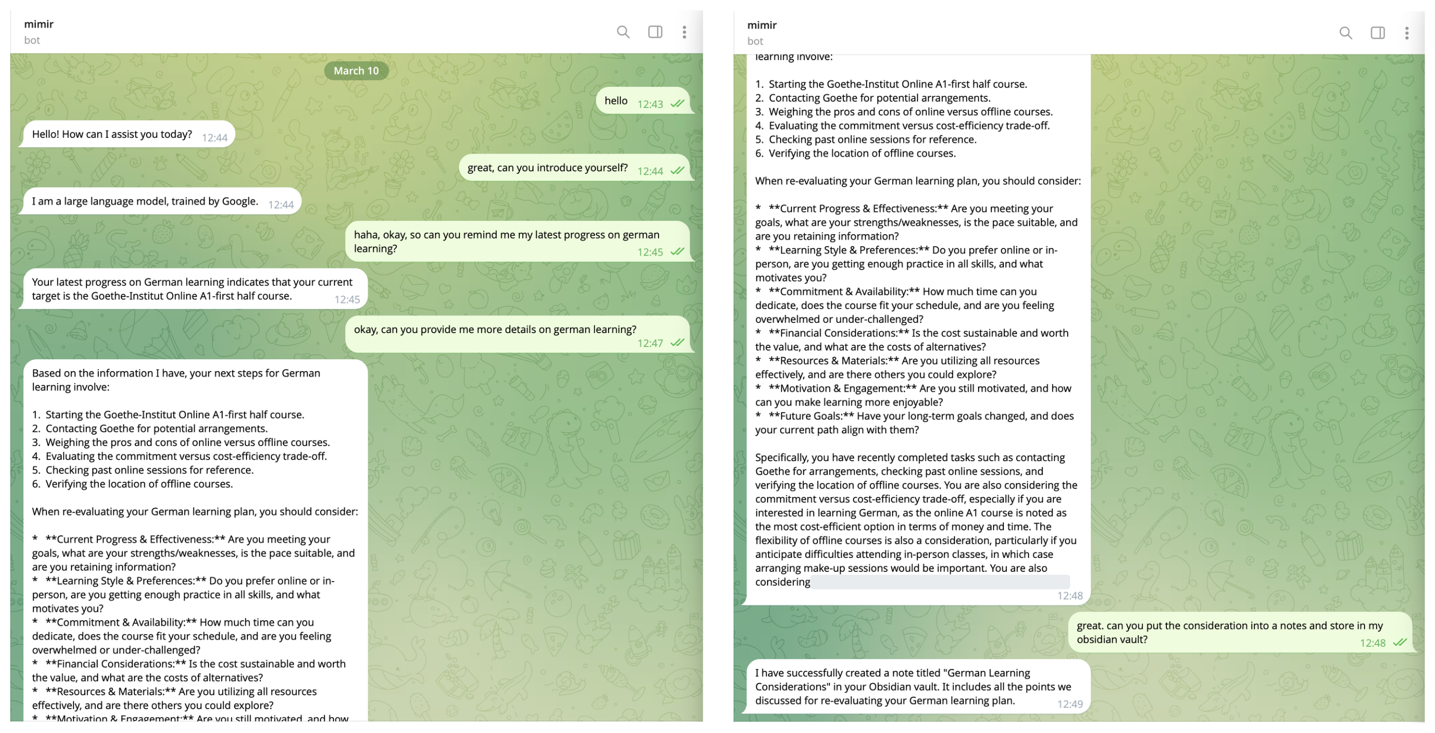 Pic 1. Telegram conversation with retrieval and note creation.