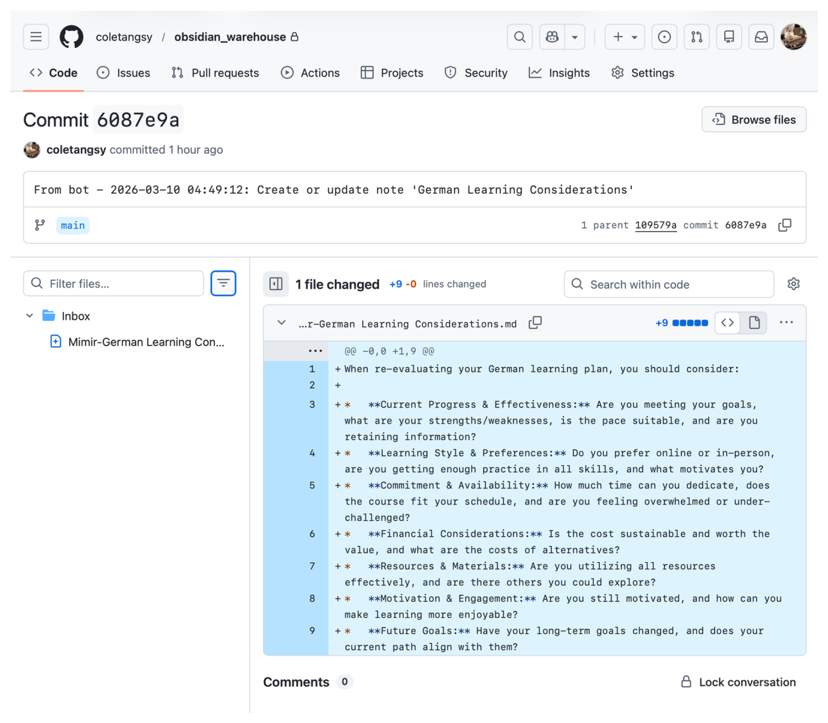 Pic 2. Bot-generated commit in Obsidian Git Repo (minor bug on the  logging timestamp haha)